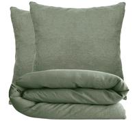 Parure de lit 260x240 cm et 65x65 cm 100% coton lavé PALACE vert mousse 3 pièces