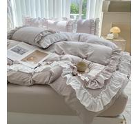Parure de lit 3 pièces style shabby chic, vintage à volants avec housse de couette et 2 couches de volants, en microfibre brossée douce avec fermeture éclair, housse de couette légère, gris crème, lit