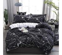 Parure de lit 4 Pieces 2 Personnes Adulte Noir Blanc Marbre Motif de Pierre Moderne Nordique Style Literie (1 Morceau de draps et 1 Housse de Couette et 2 taies d'oreiller) (Noir, 180x220 cm)