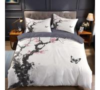 Parure de Lit 90x190 cm 1 Personne Gris Clair Housse de Couette Fleurs de Cerisier et Papillons en Microfibre avec 1 Taie d’Oreiller, Ensemble de Literie Enfant Garçon Fille