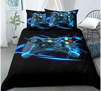 Parure De Lit ado Garçon Enfant Gamepad éclair Motif 3 Pieces, Microfibre Housse De Couette Gamer Console De Jeu ado Garcon Homme Moderne 1/2 Personne + 2 Taie D'oreiller Noir Bleu (200x200 cm)