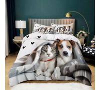 Parure de Lit Animal Compagnie 90x190 cm Housse de Couette 1 Personnes Animaux Chiens Chats pour Adultes Garçons et Filles, Ensemble de Literie en Microfibre Douce avec 2 Taies d'oreiller 65x65 cm
