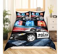 Parure de lit avec housse de couette 135 x 200 cm et 1 taie d'oreiller - Motif voiture de police - Décoration pour chambre d’adolescente - Noir