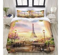 Parure De Lit Avec Housse De Couette En Microfibre,French Dreamlike Paris Tour Eiffel Fleurs Vue Ville Photographie Fond,Sets De Housse De Couette Xcm+ Taie D'oreiller Xcm