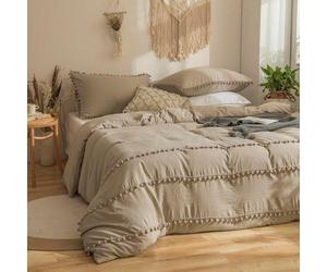 Parure de lit Boho Chic, 155 x 220 cm, 2 pièces, kaki, pompons, parure de lit, parures de lit en microfibre délavée, douce, drap housse brossé avec fermeture éclair et 1 taie d'oreiller, 80 x 80 cm