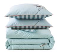 Parure de lit brodée 3 pièces : housse 200x200 cm et taies 50x80 cm en percale de coton PASSE MONTAGNE bleu givré
