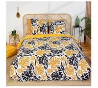 Parure de lit - CÔTÉ DÉCO - Motif Tropical Noir et Jaune - 220x240 cm - 100% coton - Recto feuillage/verso jaune