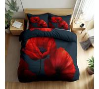 Parure de Lit Délicat Floral Coquelicots Rouges Gris Foncé, Housse de Couette 140 x 200 cm avec 2 Taies d'oreiller 65 x 65 cm, Housse de Couette Microfibre Brossée Doux Respirant, Ados Adultes