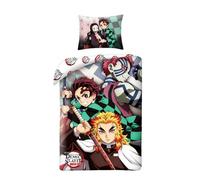 Parure de Lit Demon Slayer, Housse de Couette Réversible 140x200 cm + Taie d'oreiller, 100% Coton, avec Tanjirō Kamado et Kyōjurō Rengoku