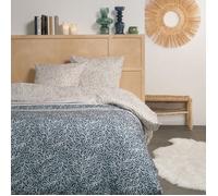 Parure de lit double en coton flanelle imprimé de feuillages - Bleu/Beige - 220 x 240 cm