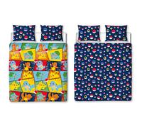 Parure de lit Double Officielle Pokémon, Design rétro | Housse de Couette réversible Bleue Pikachu, Carapuce, Salamèche, Produits Officiels, taies d'oreiller Assorties incluses.