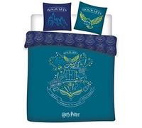 Parure de Lit Double Réversible Harry Potter, Housse de Couette 240x220 cm et 2 Taies d'oreiller 63x63 cm, 100% Polyester, Motif Poudlard Bleu & Turquoise