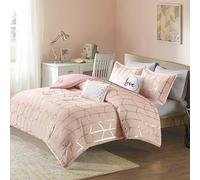 Parure de lit douillette en forme de pluie - 5 pièces - Rose/blush - Imprimé géométrique Glam doré métallisé sur rose/blush microfibre hypoallergénique brossée - King size - 1 doudou 2 taies d'oreiller