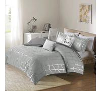 Parure de lit douillette Raina design intelligent - 5 pièces - Gris - Imprimé géométrique Glam argent métallisé sur gris - Microfibre hypoallergénique brossée - Complet/Queen - 1 doudou 2 taies d'oreillers