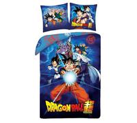 Parure de Lit Dragon Ball Super - Housse de Couette Réversible 140x200 cm avec Taie d’Oreiller - 100% Polyester Microfibre - Certification Oeko-Tex Standard 100 - Motif Goku, Vegeta et Beerus