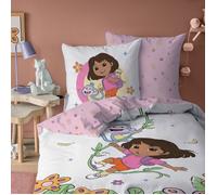 Parure de lit enfant 100% Coton - DORA EXPLORE - Blanc/Rose - 140x200+63x63cm