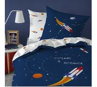 MATT & ROSE Parure de lit Enfant imprimée Espace Explore Space 100% Coton | Bleu | Housse de couette 140x200 cm + 1 taie d'oreiller 63x63 cm | Réversible | Fermeture boutons | Certification Oeko-Tex