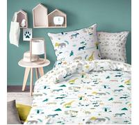 Parure de lit enfant 100% coton - MATT & ROSE - SAFARI - Blanc/kaki - 140x200+63x63cm