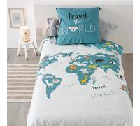 Atmosphera - Parure de lit enfant Carte du Monde - Coton 140x200 cm - Bleu G