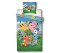Pokémon Parure de lit enfant Pikachu, Salamèche et Carapuce Microfibre réversible Bleu 140 x 200 cm