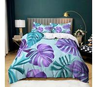 Parure de Lit Feuilles Tropicales Violettes Cyan avec 2 Taies d'oreiller, Housse de Couette en Microfibre Douce Bleu Clair pour Adultes Enfants 180x200 cm Parure de Lit 2 Personnes