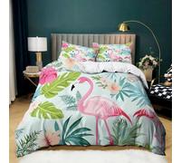 Parure de Lit Fleurs 90x190 cm Housse de Couette 1 Personnes Feuilles Tropicales Flamants Roses pour Adultes Garçons et Filles, Ensemble de Literie en Microfibre Douce avec 2 Taies d'oreiller 65x65 cm