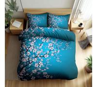 Parure de Lit Fleurs de Cerisier Roses Du Japon Housse de Couette Réversible 200x200cm et Taie d'oreiller, Bleu Microfibre Parure de Couette 2 Personnes avec Fermeture Éclair pour Enfant Ado et Adulte