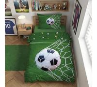 Parure de Lit Football But en Pleine Lucarne - Housse de Couette 140x200 cm + Taie d'oreiller Carrée cm - 100% Coton Doux - Design Réversible Ballon et Stade