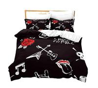 Parure de lit Guitare Rock and Roll Musique, 2/3 pièces Aile Rose Fleur Bleu Housse de Couette avec Fermeture éclair Taie d'oreiller Pour garçons et filles Toute L'année (Noir,140 x 200 cm)