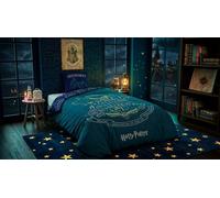 Parure de Lit Harry Potter Réversible - Housse de Couette 140x200 cm + Taie d'oreiller 65x65 cm - 100% Polyester Ultra Doux - Certifiée Oeko-Tex Standard 100 - Design Poudlard Bleu et Or