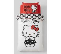 Parure de Lit Hello Kitty Réversible - Housse de Couette 140x200 cm et Taie d'oreiller 65x65 cm - 100% Coton Premium - Certifiée Oeko-Tex Standard 100 - Motif Points Noirs et Rouges
