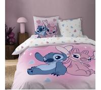 Parure de lit imprimée 2 personnes 100% Coton - DISNEY STITCH BISOUS - Rose - 240x200 + 2 taies 63x63cm