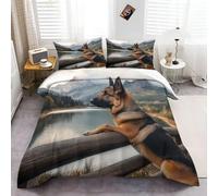 Parure de Lit Imprimée Berger Allemand À Poil Long , Housse de Couette 140x200 cm + 2 Taies d'Oreiller 65x65, Microfibre Confort Résistant aux Taches Facile à Entretenir, Set Complet pour 1 Personne