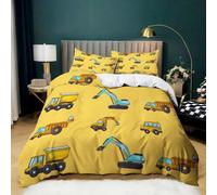 Parure de Lit Jaune 90x190 cm Housse de Couette 1 Personnes Véhicule Construction Dessin Animé pour Adultes Garçons et Filles, Ensemble de Literie en Microfibre Douce avec 2 Taies d'oreiller 65x65 cm