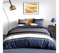 Parure de lit KALYPSO Bleue, Blanc et Ocre - Housse de Couette 220x240 cm + 2 taies 100% Coton 57 Fils - Finition Boutons