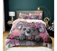 Parure de Lit Koala Animal Dessin Animé avec 2 Taies d'oreiller, Housse de Couette en Microfibre Douce Rose pour Adultes et Enfants 90x190 cm Parure de Lit 1 Personnes Décoration de Chambre