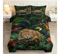 Parure de Lit Léopard Jungle Housse de Couette 140x200 | avec 2 Taies d'Oreiller 65x65 Toucan Tropical, Microfibre 110GSM Réversible pour Lit 90x190, Fermeture Éclair Cachée