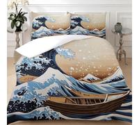 Parure de Lit Microfibre Bateau Japonais en Bois et Vagues de la mer 240 x 260 cm, Housse de Couette Double avec 2 Taies d'oreiller, Douce et Facile d'entretien