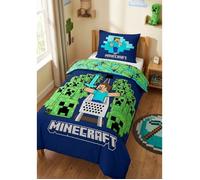 Parure de Lit Minecraft Creepers Enfant, 100% Coton Oeko-Tex, Lit 1 place, Housse de Couette 140x200 cm, Taie d'oreiller 63x63 cm