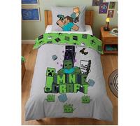 Parure de Lit Minecraft Explorer Enfant, 100% Coton Oeko-Tex, Lit 1 place, Housse de Couette 140x200 cm, Taie d'oreiller 63x63 cm