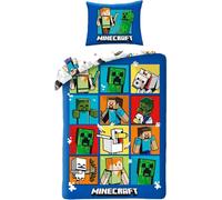 Parure de Lit Minecraft Update Bleue, Housse de Couette Réversible 140x200 cm, Taie d'oreiller 63x63 cm, avec Creeper, Steve et Alex. Textile Oeko-Tex. pour Lit 1 Personne.