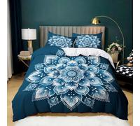 Parure de Lit Modèle Bleu Mandala avec 2 Taies d'oreiller, Housse de Couette en Microfibre Douce Bleu pour Adultes et Enfants 180x200 cm Parure de Lit 2 Personnes Décoration de Chambre