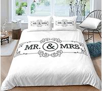 Parure de Lit Mr & Mrs Noir Blanc 1/2 Personne Housse de Couette Couple Lettre Romantique avec Fermeture éclair Couvre-lit en Polyester d'impression de Lèvres Rouges de Barbe (Style 6, 200_x_200_cm)