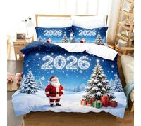 Parure de lit Noël 3 pièces housse couette 2 taies oreiller zip ,Fêtes | 2026 Père Noël renne flocon housse couette 135X200cm 2 taies oreiller, impression 3D festif comme cadeau de Noël(155*200cm)
