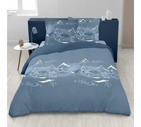Parure de lit Nuit des Alpes - Motif Montagne Bleu et Blanc - 100% Coton | Drap housse, Drap plat et Taie(s)