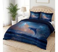 Parure de Lit Océan Animaux 2 Personnes Sets de Housses de Couettes Ciel Étoilé Dauphin pour Garçon Fille Enfants 140 x 200 Été Ensemble de Literie en Microfibre avec Fermeture Éclair, Bleu Foncé