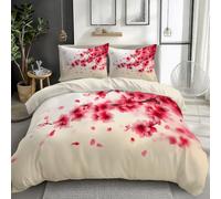 Parure de Lit Oriental Housse de Couette avec 2 Taies d'oreiller Branche Cerisier de Compagnie Imprimé Literie en Microfibre, pour Adultes Enfants Filles (240 x 220 cm, Blanc cassé)
