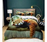 Parure de Lit Panda Roux Endormi avec 2 Taies d'oreiller, Housse de Couette en Microfibre Douce Style Naturel pour Adultes et Enfants 180x200 cm Parure de Lit 2 Personnes Décoration de Chambre