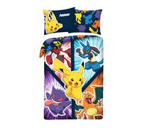Parure de Lit Pokémon 135x200 cm + Taie 80x80 cm - Housse de Couette Réversible Enfant - 100% Microfibre Douce - Motif Pikachu, Lucario, Ectoplasma, Dracaufeu & Cizayox
