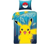Halantex Parure de lit Pokémon Pikachu Jaune Bleu 2 pièces Housse de Couette 140 x 200 cm + 1 taie d'oreiller. 100% Coton certifié Oeko-Tex.